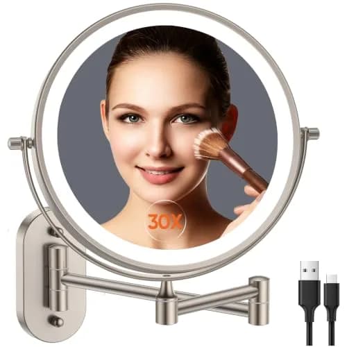 FUNTOUCH Rechargeable Wall Mounted Lighted Makeup Vanity Mirror 20 cm (8 Inch) | 1X/30X Magnification, 3 Color Lights thumbnail 1