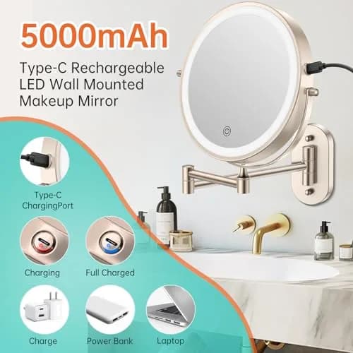 FUNTOUCH Rechargeable Wall Mounted Lighted Makeup Vanity Mirror 20 cm (8 Inch) | 1X/30X Magnification, 3 Color Lights thumbnail 2