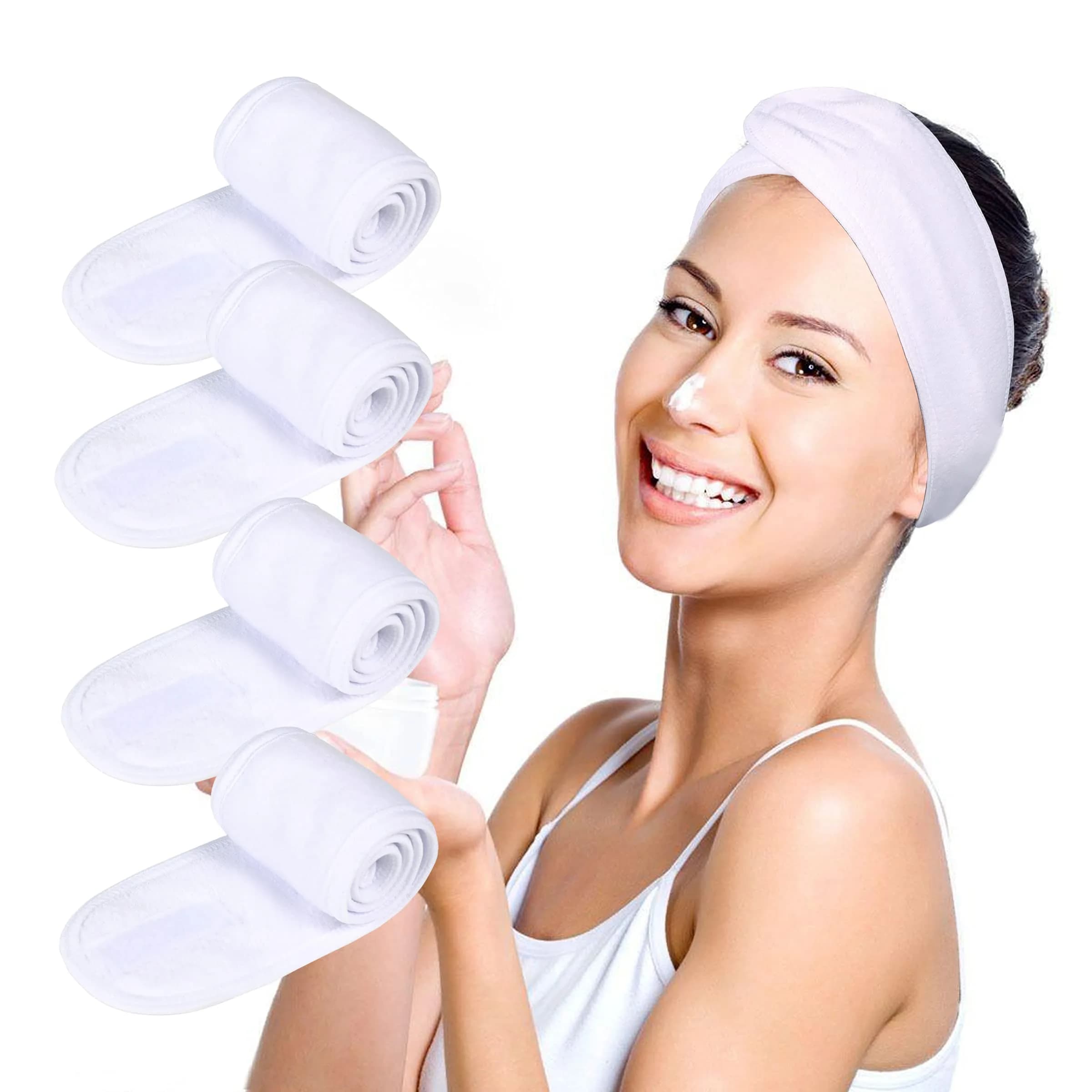 TDHDIKE Facial Spa Headbands 4 PCS | Adjustable Terry Cloth for Women Washing Face — White
