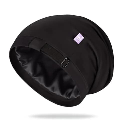 OLESILK 100% Mulberry Silk Bonnet for Sleeping, Mens Bonnet for Curly Hair, Black (10.5 inches Length x 11.5 inches Width) thumbnail 1