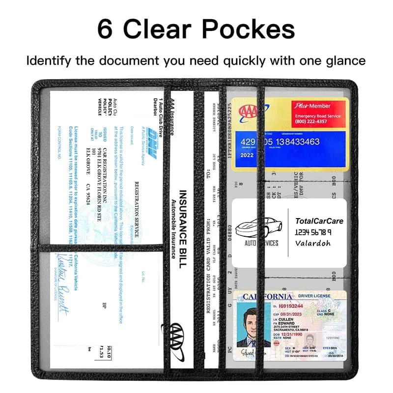 Valardoh Premium PU Leather Car Document Holder with Magnetic Closure & 6 Pockets | 24cm x 13cm (9.5" x 5.1") Black thumbnail 3
