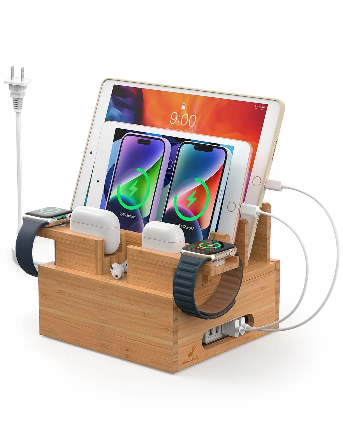 Pezin & Hulin Bamboo Charging Station with 5-Port USB Charger & 5 Cables | Organizes Up to 7 Devices - main product image