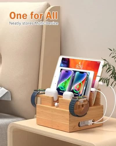 Pezin & Hulin Bamboo Charging Station with 5-Port USB Charger & 5 Cables | Organizes Up to 7 Devices thumbnail 4