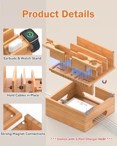 Pezin & Hulin Bamboo Charging Station with 5-Port USB Charger & 5 Cables | Organizes Up to 7 Devices thumbnail 5