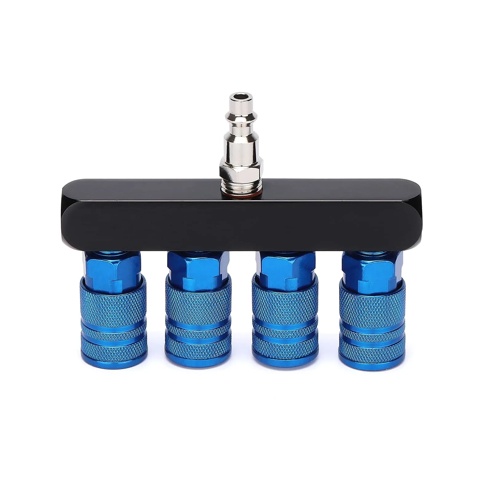 AIRTOON 2PCS 4-Way Straight Air Manifold Splitter with 4 Couplers & 1/4" MNPT Plug | Aluminum & Brass Fittings — Blue (1PC)