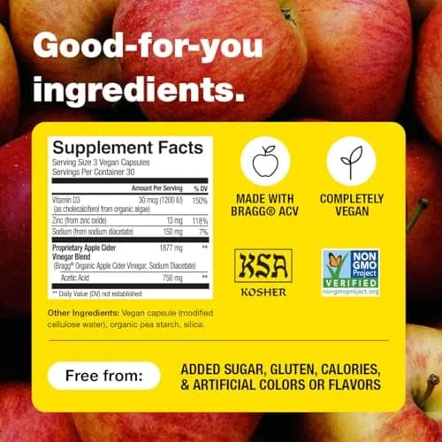 BRAGG Apple Cider Vinegar Capsules with Vitamin D and Zinc | 90 Capsules for Immunity & Wellness thumbnail 5