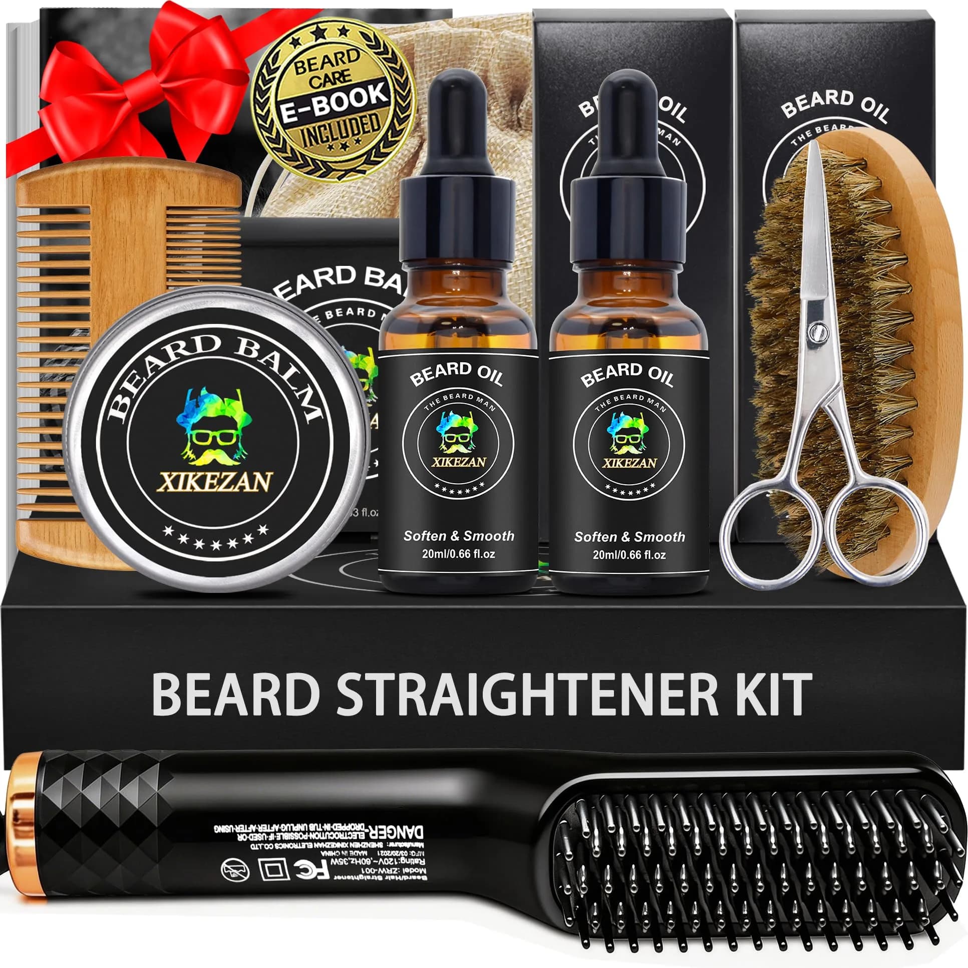XIKEZAN Beard Straightener Grooming Kit for Men, Black 10.47" x 2" | 3 Heat Settings & Dual Voltage — Black