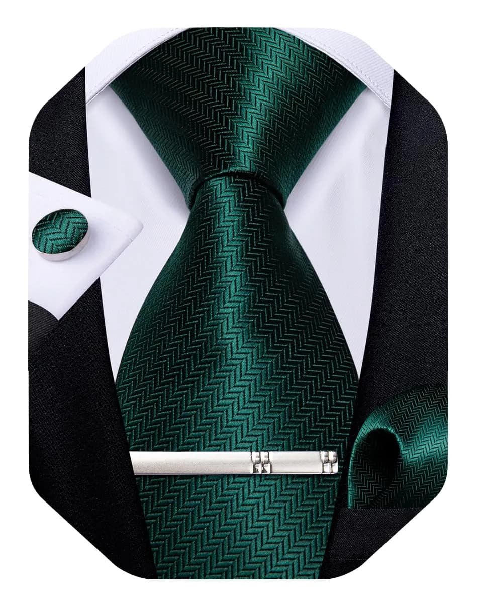 DiBanGu Dark Emerald Green Silk Necktie Set with Pocket Square, Cufflinks & Tie Clip | 150cm (59") x 8cm (3.15")