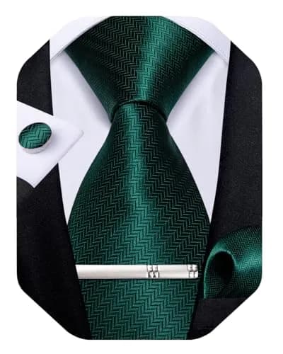 DiBanGu Dark Emerald Green Silk Necktie Set with Pocket Square, Cufflinks & Tie Clip | 150cm (59") x 8cm (3.15") thumbnail 1