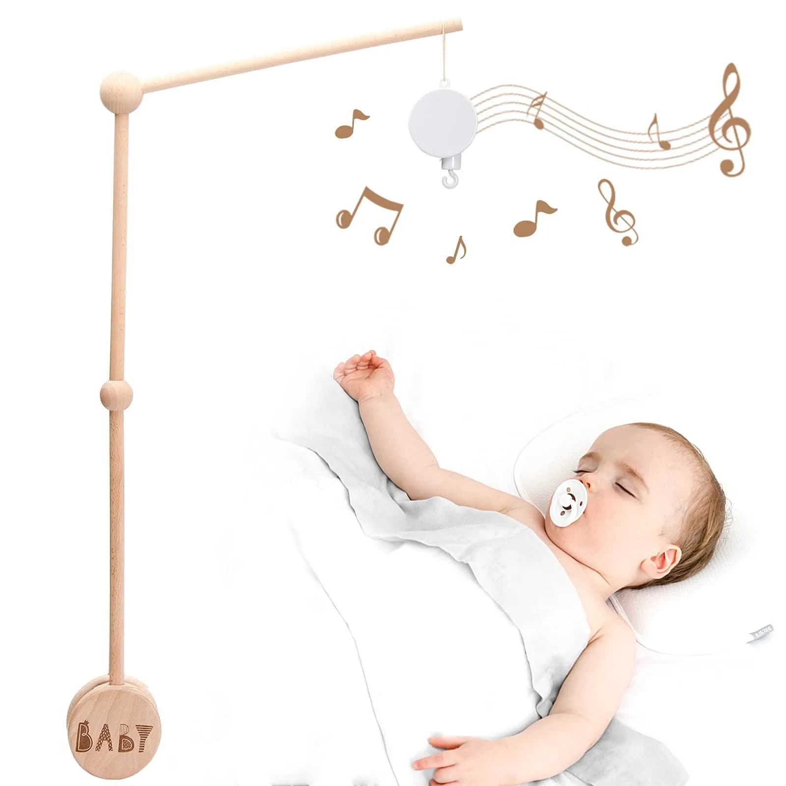 JETM·HH Wooden Baby Crib Mobile Arm Holder with Music Box | 28.35 inch Beech Hangers - main product image