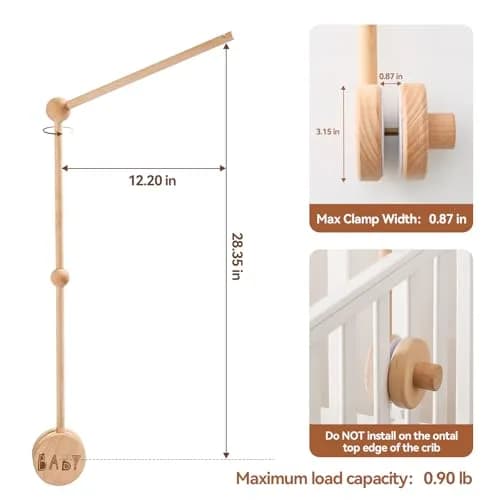 JETM·HH Wooden Baby Crib Mobile Arm Holder with Music Box | 28.35 inch Beech Hangers thumbnail 2