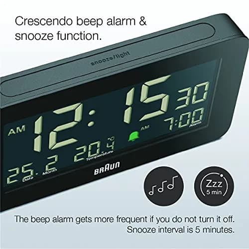 Braun Digital Alarm Clock with Date, Month & Temperature | Negative LCD, Crescendo Beep, 12/24H, AA Battery (1-Pack) thumbnail 6