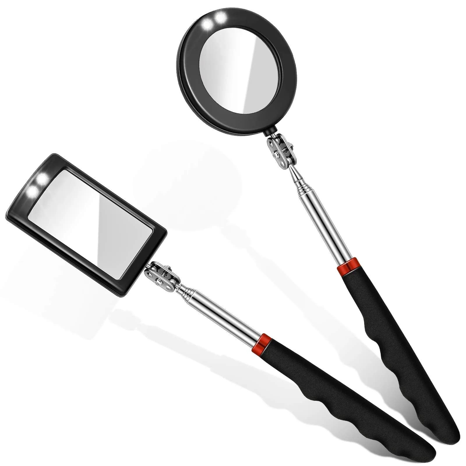 Tatuo Telescoping Inspection Mirror Set with LED Lights | Round & Square Heads, Extendable Reach — 4 Piece Set