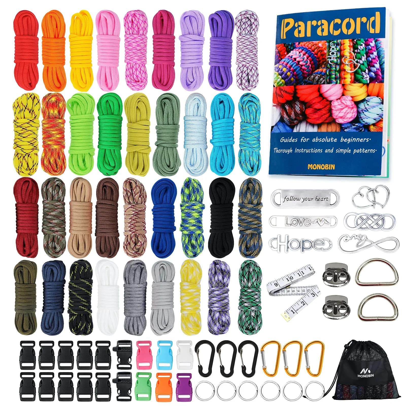 MONOBIN Paracord Kit 36 Colors | 550 lb Type III Nylon Rope for Crafts & Outdoor Use — 36 Colors-C