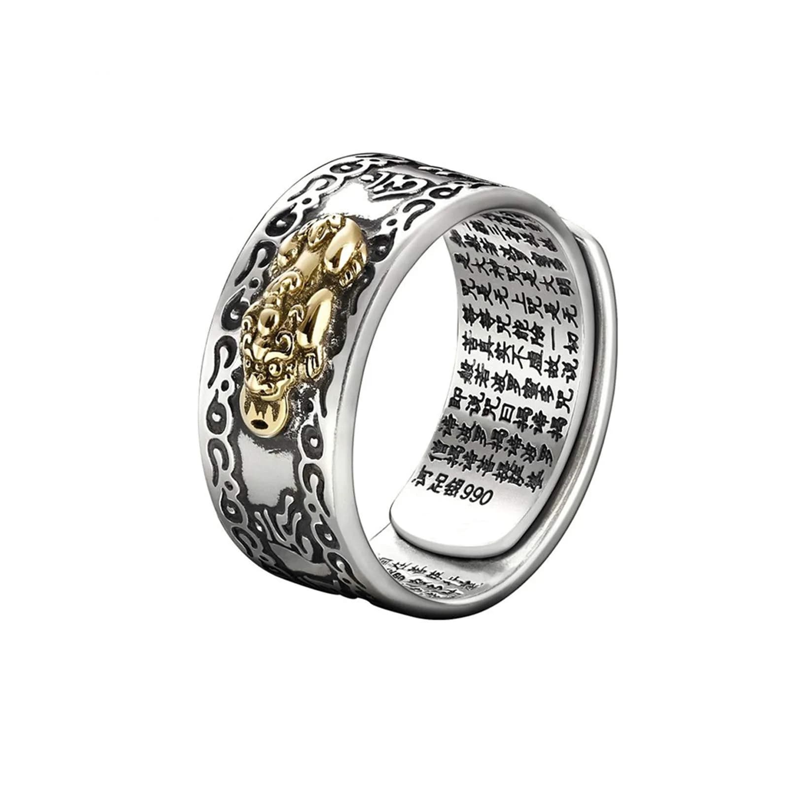 Pingyongchang PiXiu Mantra Protection Wealth Ring Silver Adjustable | Feng Shui Amulet for Men Women — Golden Pi Xiu