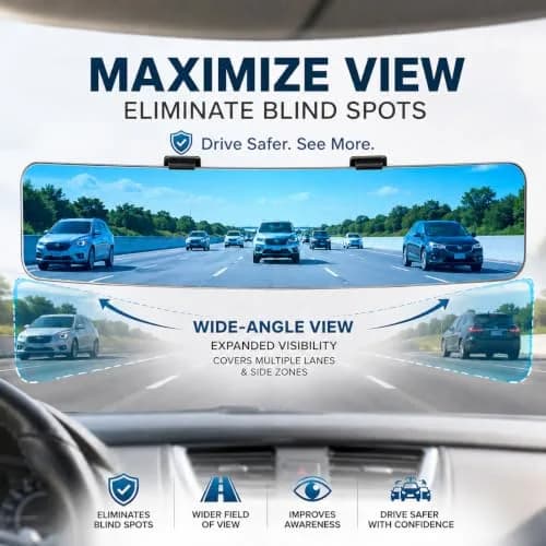 SkycropHD Anti Glare Wide Angle Car Rearview Mirror, 12'' | Frameless, Blue Convex, Universal Fit thumbnail 3