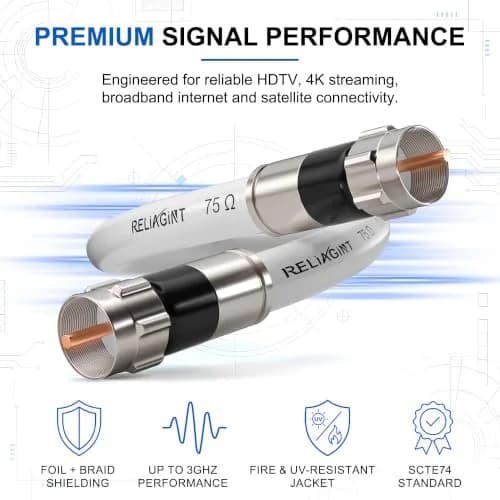 RELIAGINT 3ft (0.91m) RG6 Coaxial Cable, White | High-Speed 75 Ohm Cable for TV, Satellite, Internet thumbnail 2