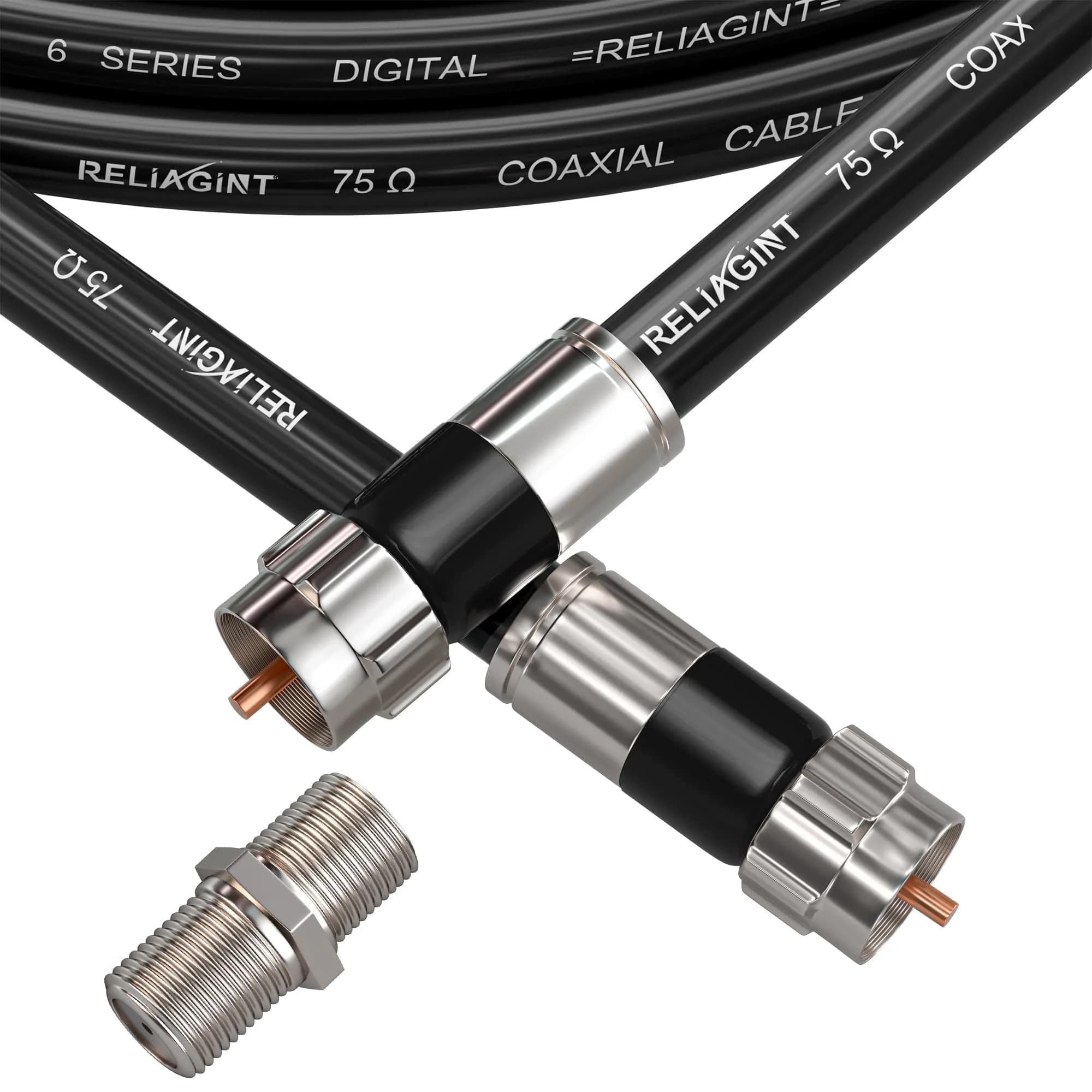RELIAGINT 15ft (4.57m) RG6 Coaxial Cable, 75 Ohm High-Speed, White | Stable Signal for HD TV & Internet — Black / 6 FT