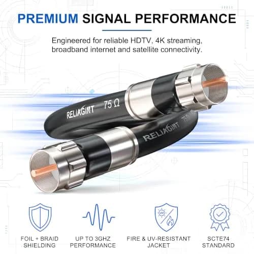 RELIAGINT 3ft (0.91m) RG6 Coaxial Cable, 75 Ohm High-Speed, Black | Reliable Signal for TV & Internet thumbnail 2
