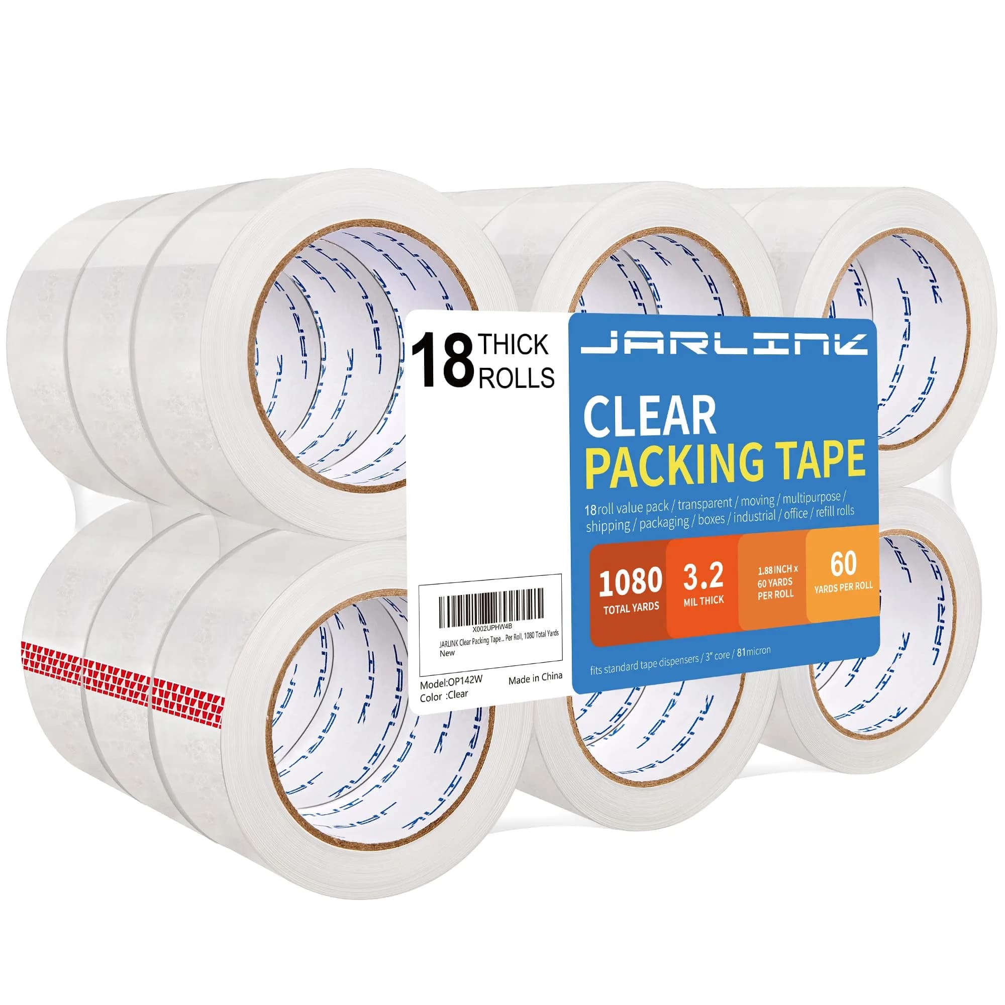 JARLINK Clear Packing Tape 12 Rolls | 2.7mil Thick, 60 yd/Roll | Heavy Duty Packaging Tape for Shipping & Sealing — 18 Rolls (3.2mil / 60 yd)
