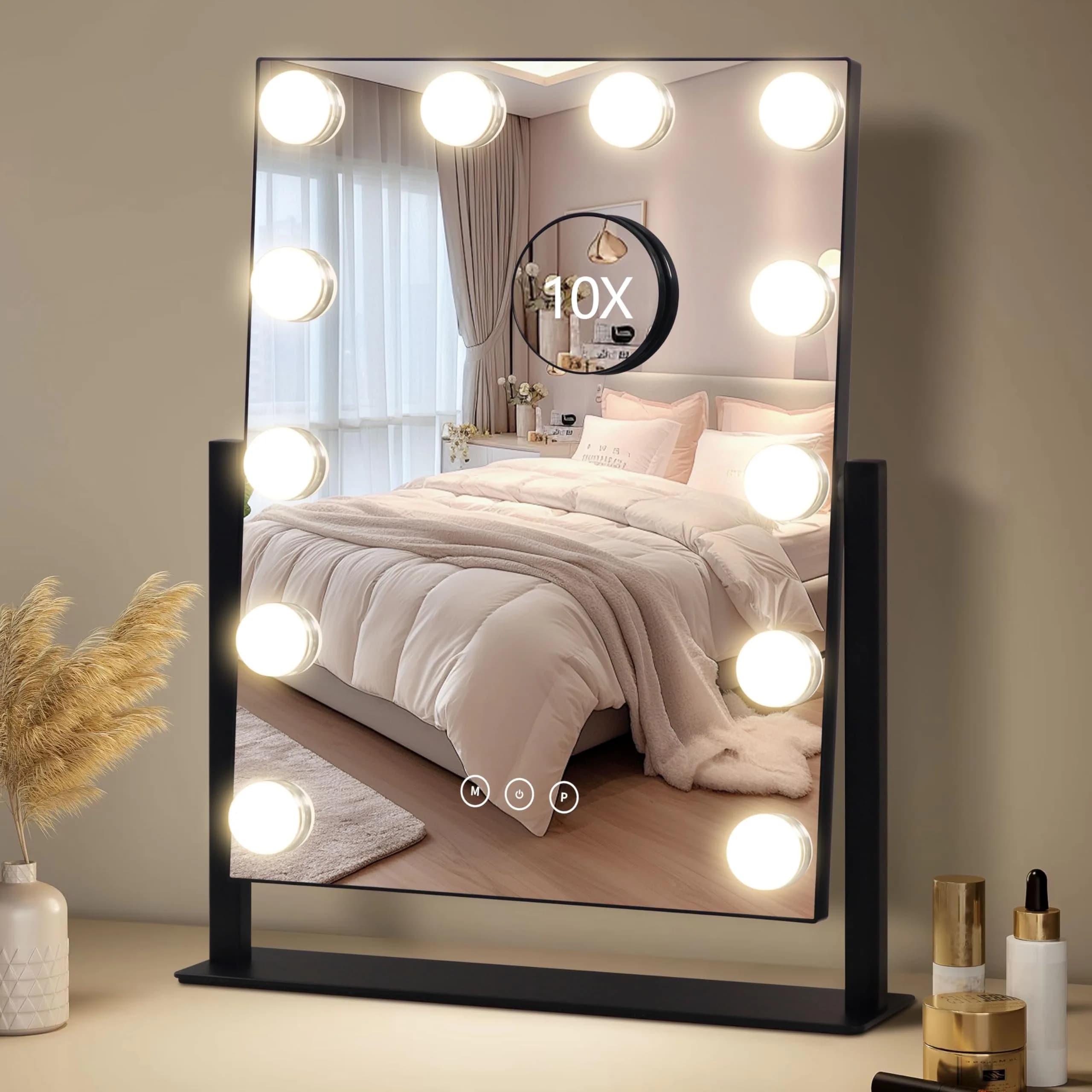NUSVAN Vanity Mirror with Lights, Makeup Mirror, 3 Color Modes, 10X Magnification, Touch Control, 360° Rotation, White — Black