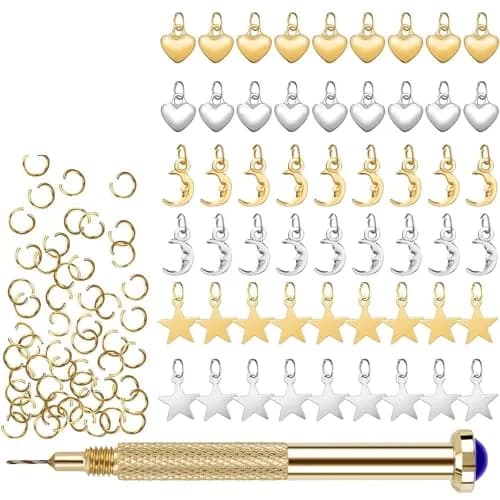 PAGOW 155 PCS Dangle Nail Art Charm Set with Piercing Tool | Gold & Multi-Color thumbnail 1