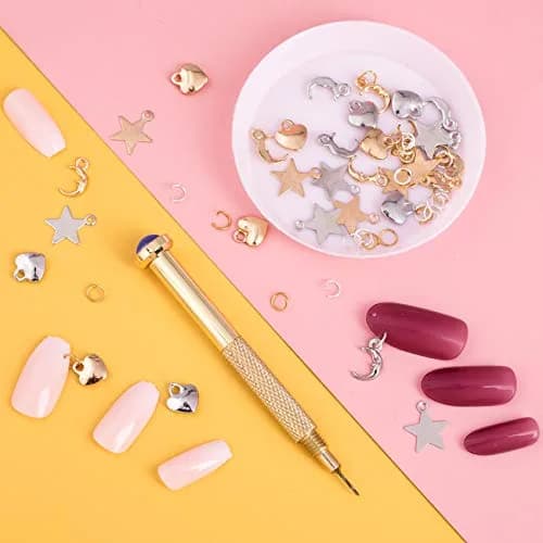 PAGOW 155 PCS Dangle Nail Art Charm Set with Piercing Tool | Gold & Multi-Color thumbnail 5