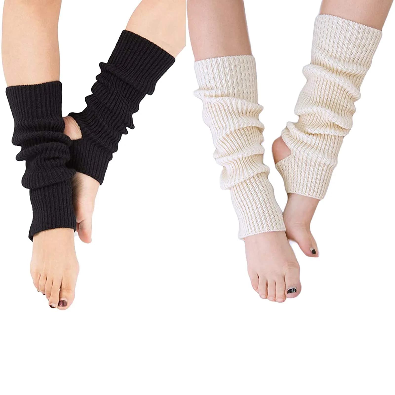 YUANQIAN Women's Extra Soft Stirrup Leg Warmers - 43cm (16.93in) - Black & White (2-Pair Pack) - main product image