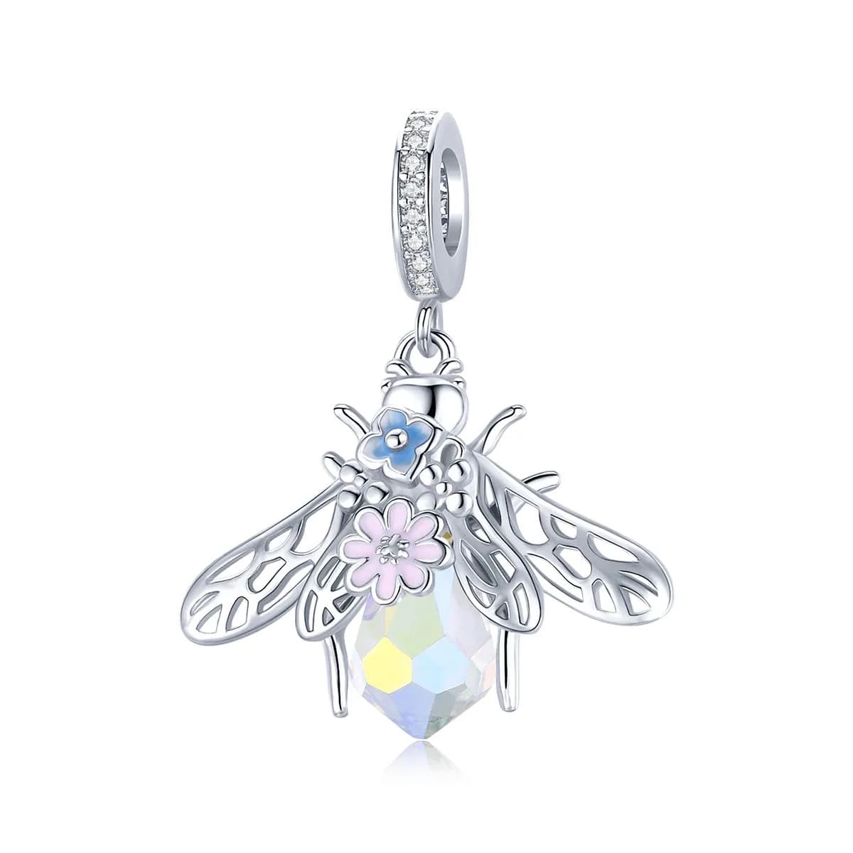 MEETCCY Butterfly Charm 21x12mm | Genuine 925 Sterling Silver Crystal Animal Charm for Bracelets & Necklaces — White Crystal Bee Charm