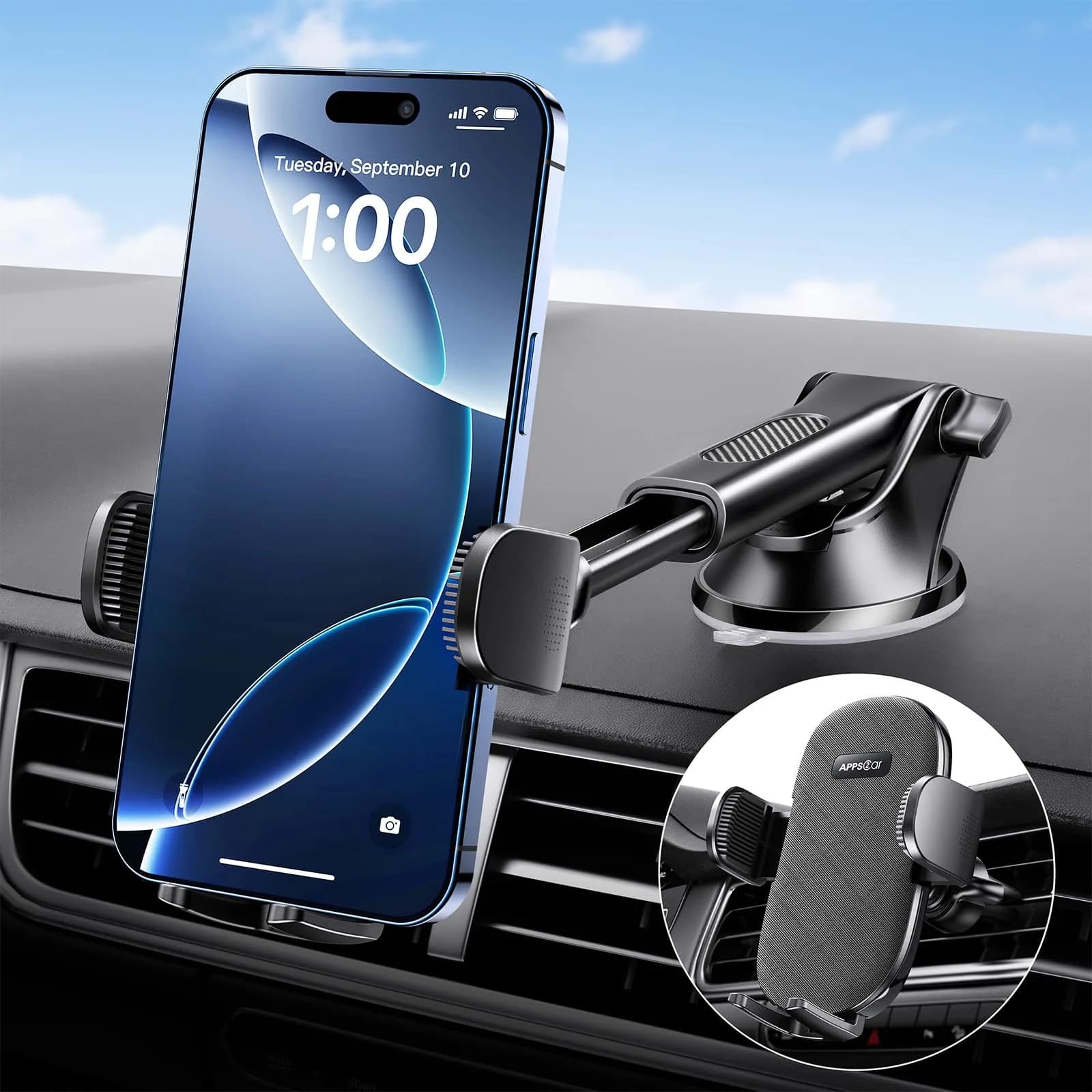 APPS2Car Suction Cup Car Phone Holder for Dashboard & Windshield | 360° Adjustable, Heavy-Duty Grip, Compatible with All Smartphones — Dark Black 3-in-1