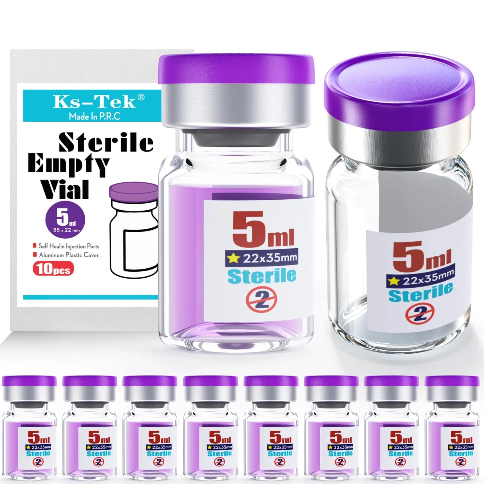 Ks-Tek Sterile Empty Vials with Self-Healing Injection Port 5ml (0.169 Fl Oz) | Pack of 10, Purple