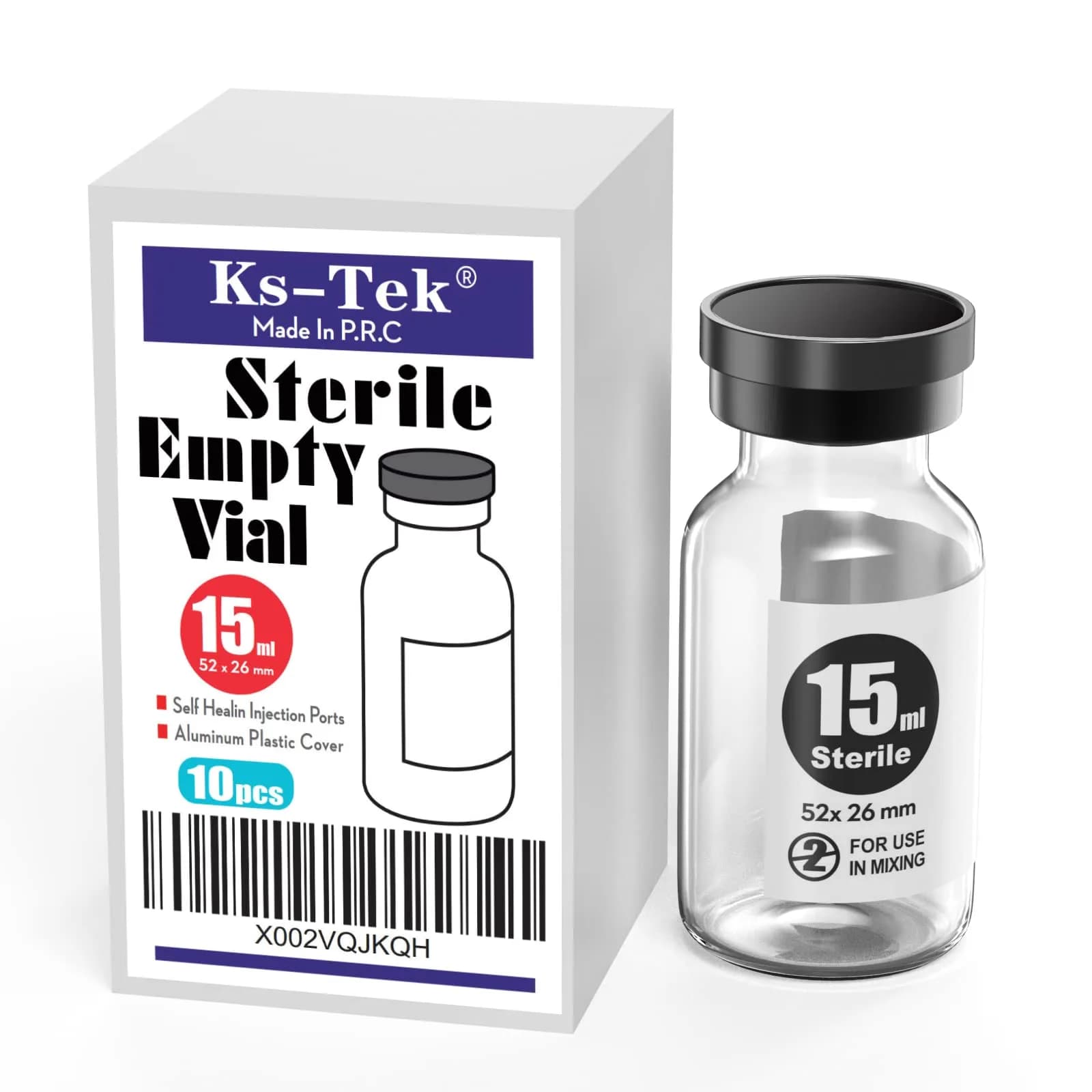 Ks-Tek Sterile Glass Sample Vials with Injection Port 15ml (0.507 Fl Oz) | Pack of 10, Steam Sterilized