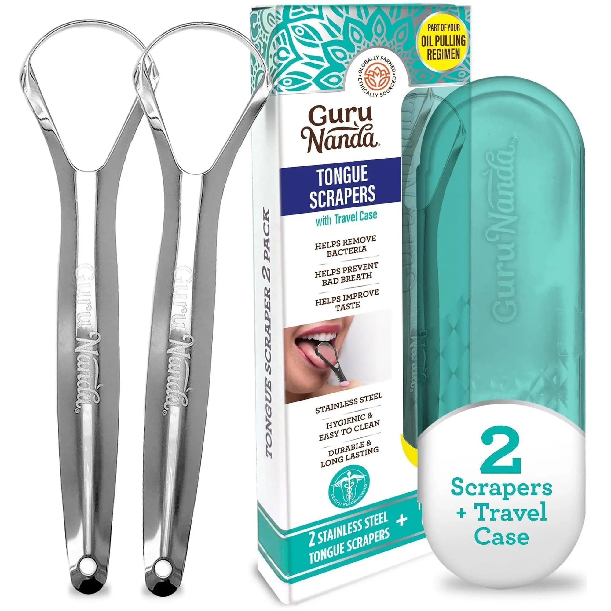 GuruNanda Kids Tongue Scraper 2-Pack | Stainless Steel, Travel Case, Kid-Friendly Design — Spoon Shaped