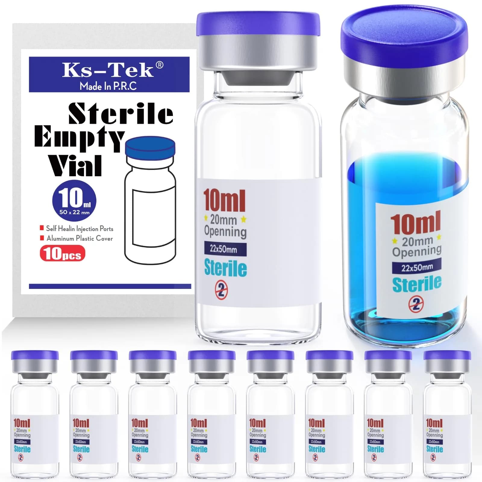 Ks-Tek Sterile Glass Sample Vials with Injection Port 3ml (0.1 Fl Oz) | 10-Pack, Individually Packaged — 10ml