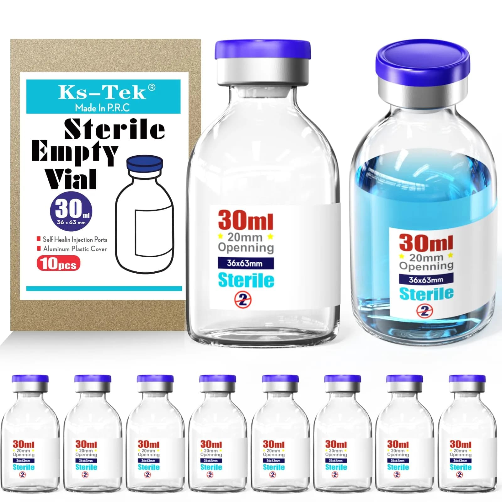 Ks-Tek Sterile Empty Vials with Self Healing Injection Port 30ml (10-Pack) | Lab Sample Vials for India — 30ml