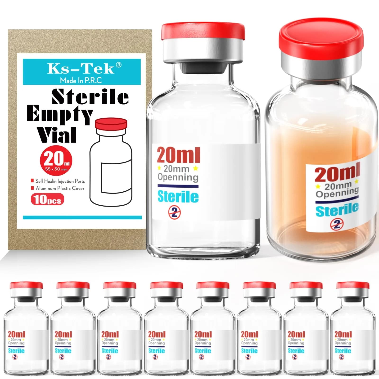 Ks-Tek Sterile Glass Sample Vials 20ml (0.676 Fl Oz) with Injection Port & Flip-Off Cap | Pack of 10 — 20ml