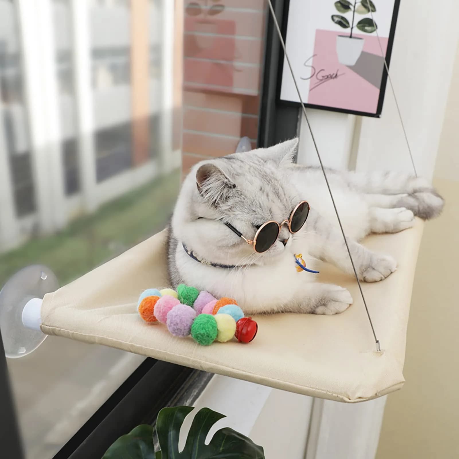 JinRui-T Khaki Cat Window Hammock Perch 55.1cm (21.7in) | Sunny Bed for Cats with Strong Suction Cups — Khaki