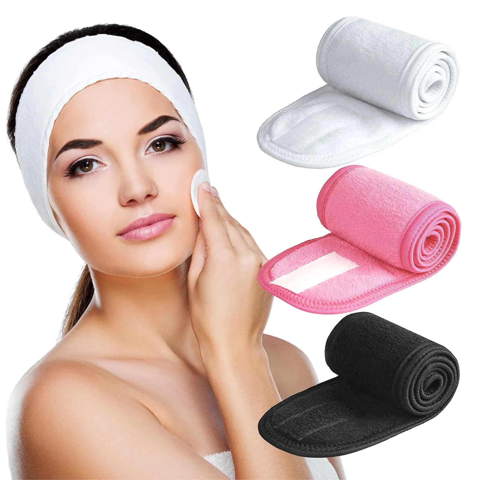 Denfany Soft Terry Cloth Spa Headband | Adjustable for Face Washing & Yoga (3-Pack, White+Black+Pink)