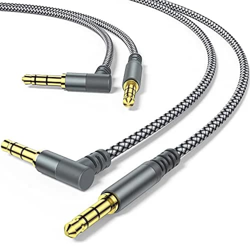MCSPER 2 Pack 6.6ft (2M) Right Angle Aux Cable | Nylon Braided 3.5mm Stereo Audio Cord for Car, Home Stereo, Speakers, Smartphones thumbnail 1