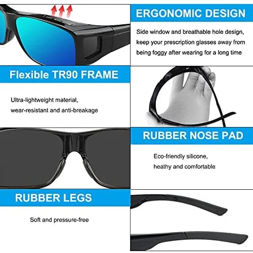 JIANGTUN Fit Over the Glass Sunglasses Size L | Polarized UV 400 Protection, Oversized Black Frame Blue Lens thumbnail 3