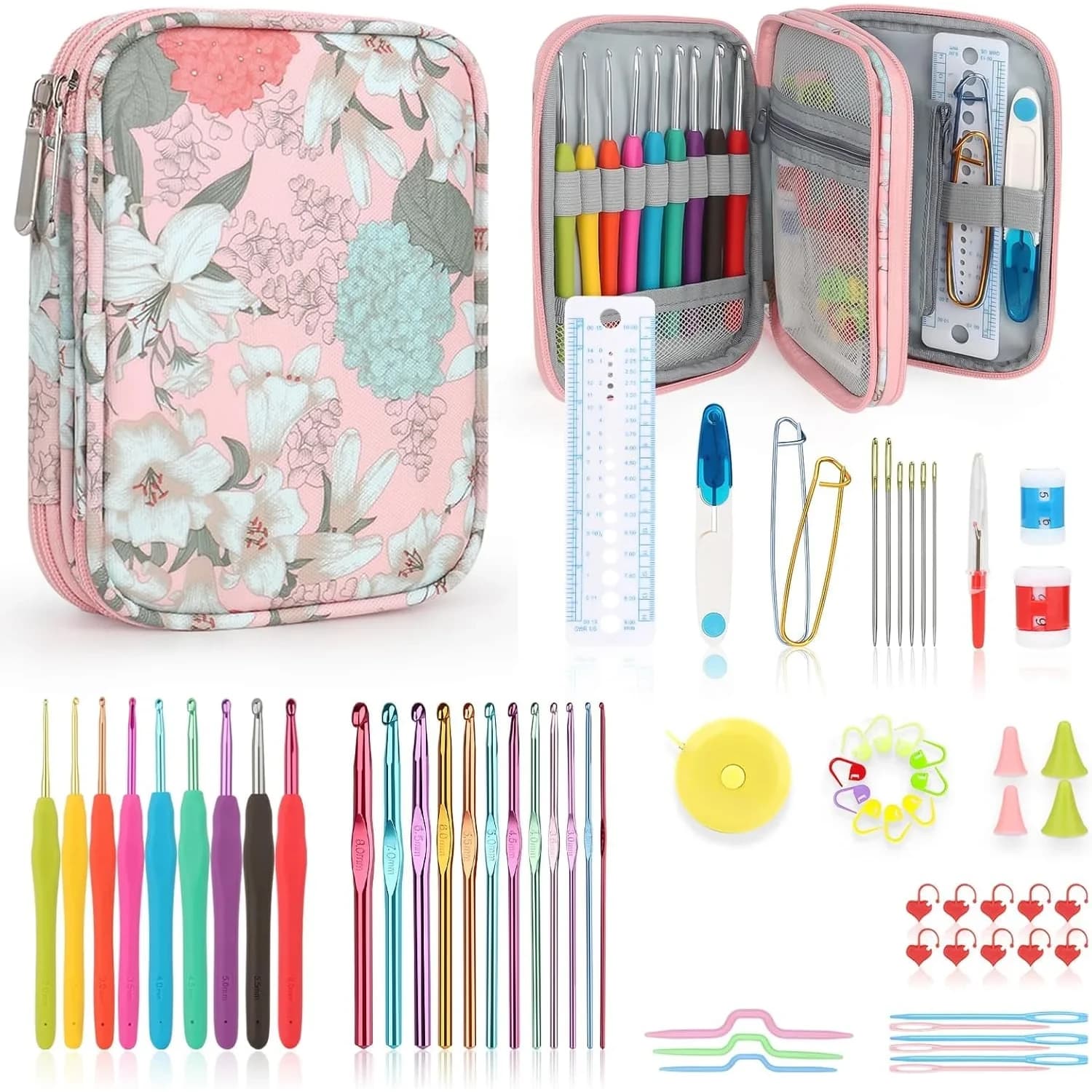 Katech Ergonomic Crochet Hooks Set with Case, 85-Piece | Assorted Sizes 2mm-8mm — Flowers Pattern