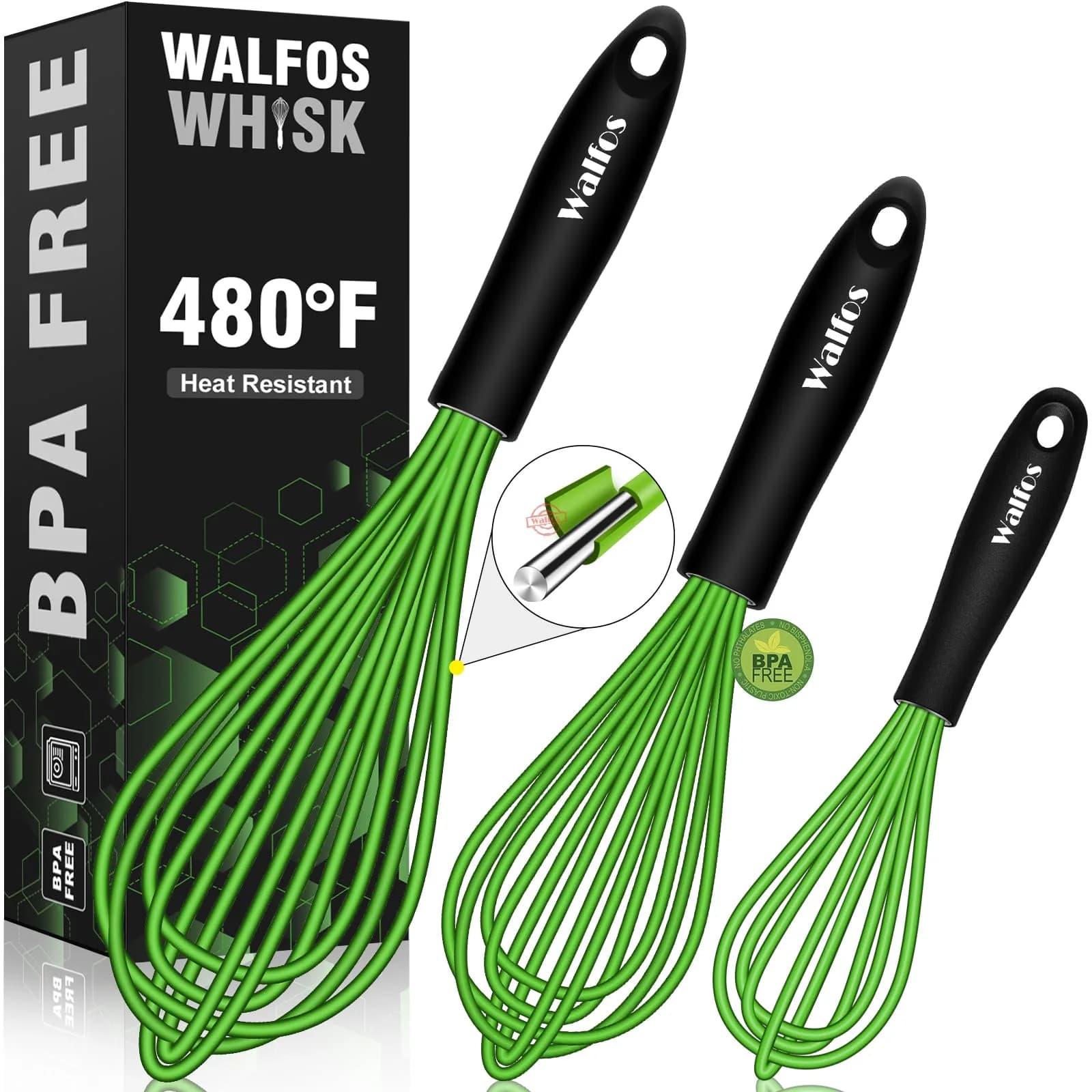 Walfos Silicone Whisk Set (8.5, 9, 11 inch) | Heat Resistant Kitchen Utensils for Non-stick Cookware