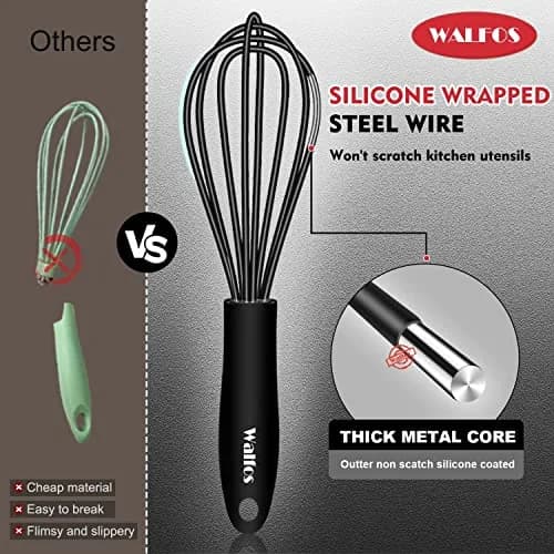Walfos Whisk Silicone Whisks Set, Non Scratch Coated, Heavy Duty, 4-Piece Kitchen Utensil - 11'' Flat & Balloon Sizes thumbnail 9
