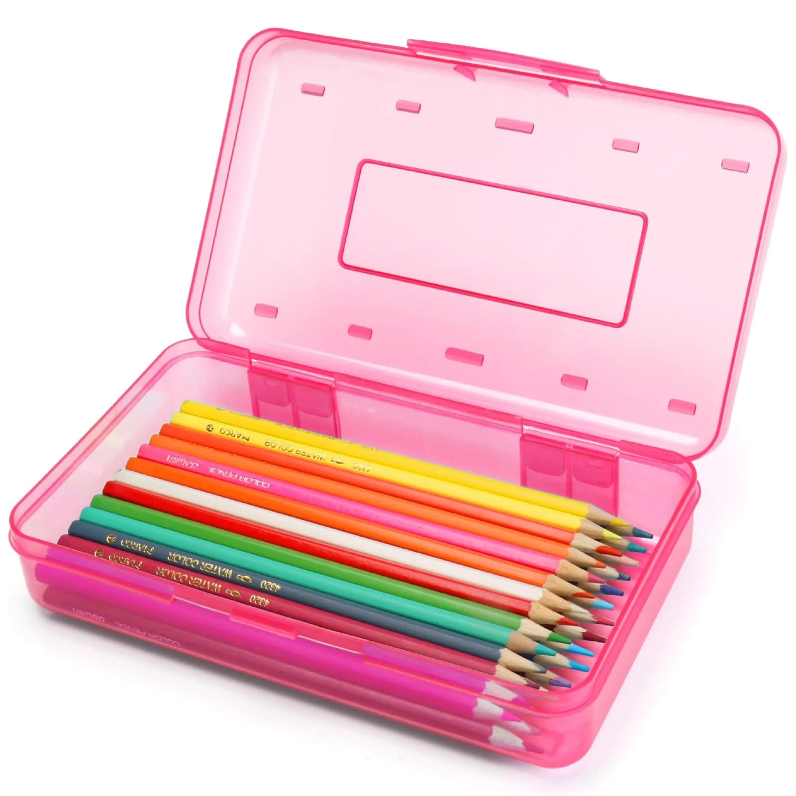 Nuozme Plastic Hard Clear Color Pencil Box Case for Kids | Transparent, Stackable & Durable Storage (8.2 x 4.6 x 2.3 inches) — Pink