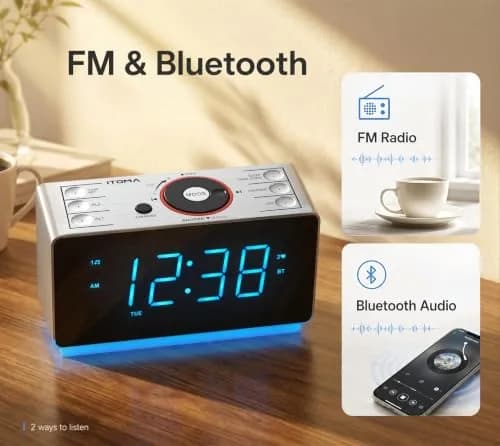 iTOMA Alarm Clock Radio with Bluetooth, FM Radio & Dual Alarm | Large 1.4-inch LED Display, USB Charging, Sleep Timer thumbnail 5