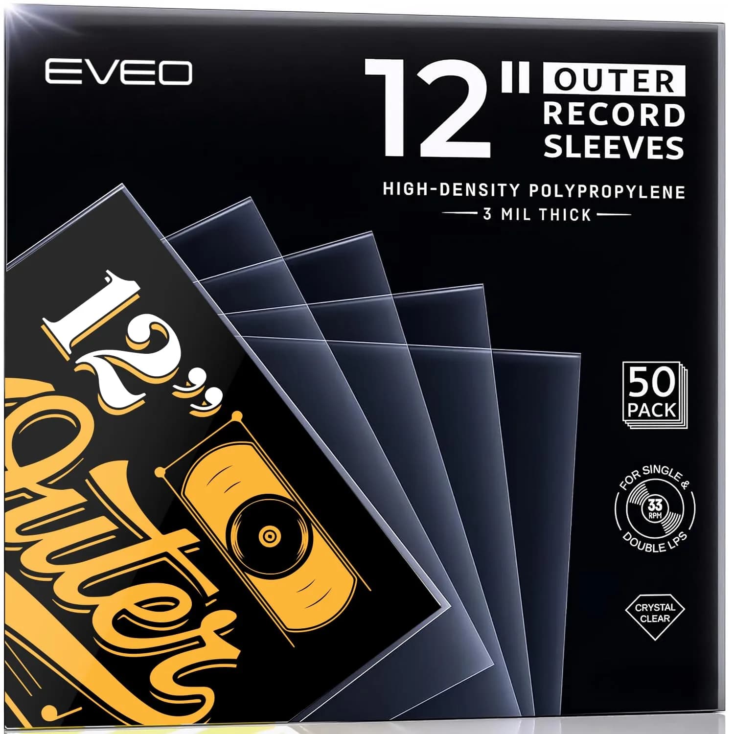 EVEO Outer Vinyl Record Sleeves 12.75"x12.75" (50-Pack) | 3 Mil Archival Quality Protection for LPs — Transparent