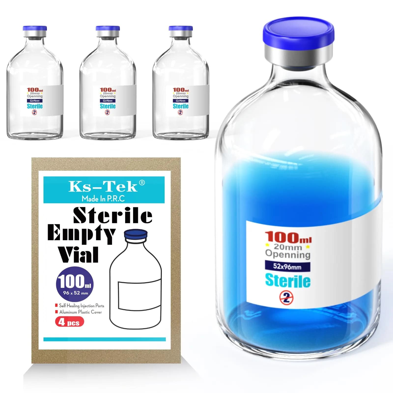 Ks-Tek Sterile Empty Vials with Self-Healing Injection Port 100ml (4-Pack) — 100ml