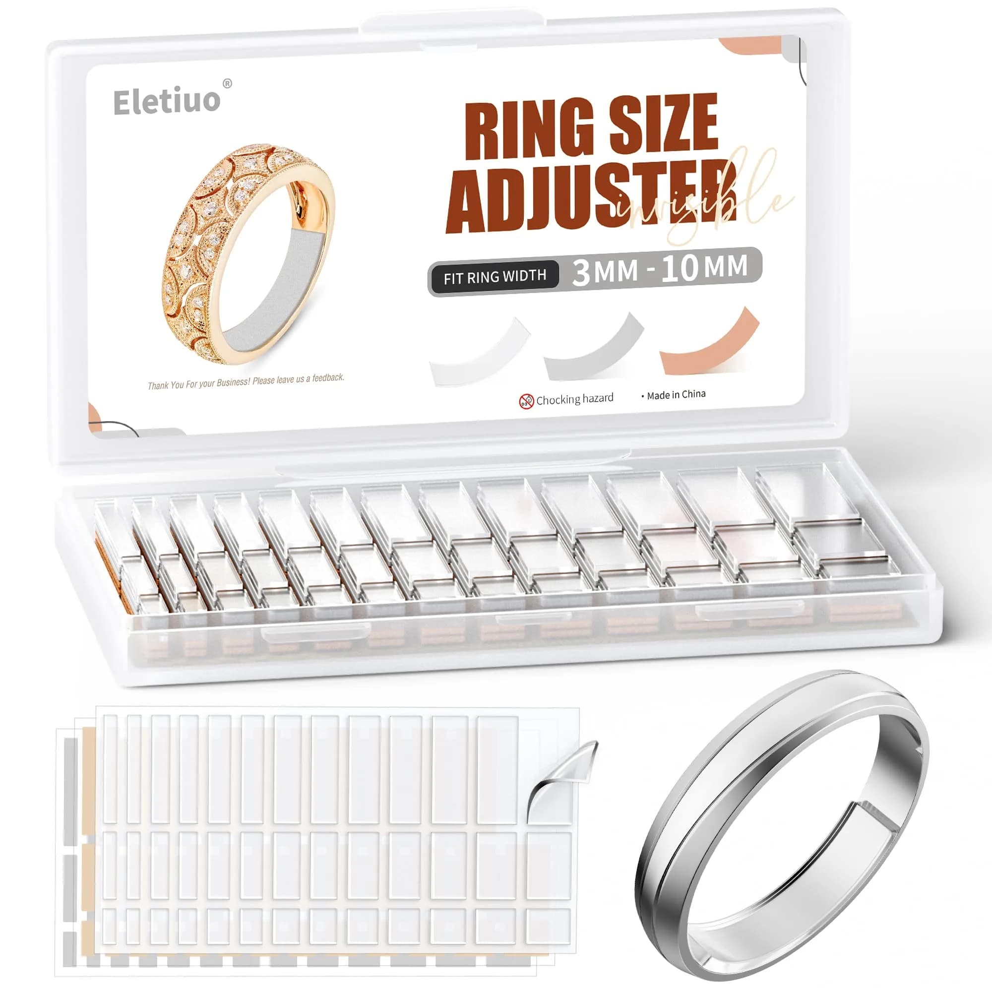 ELETIUO Invisible Ring Size Adjuster for Loose Rings, 234 Pcs Transparent Silicone | Fits Rings 3-10mm Wide — Transparent, Gray, Skin color