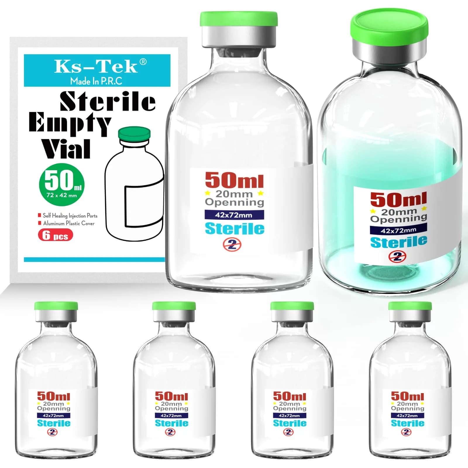 Ks-Tek Sterile Glass Vials 50ml (6-Pack) | Self-Healing Injection Port & Flip-Off Cap — 50ml