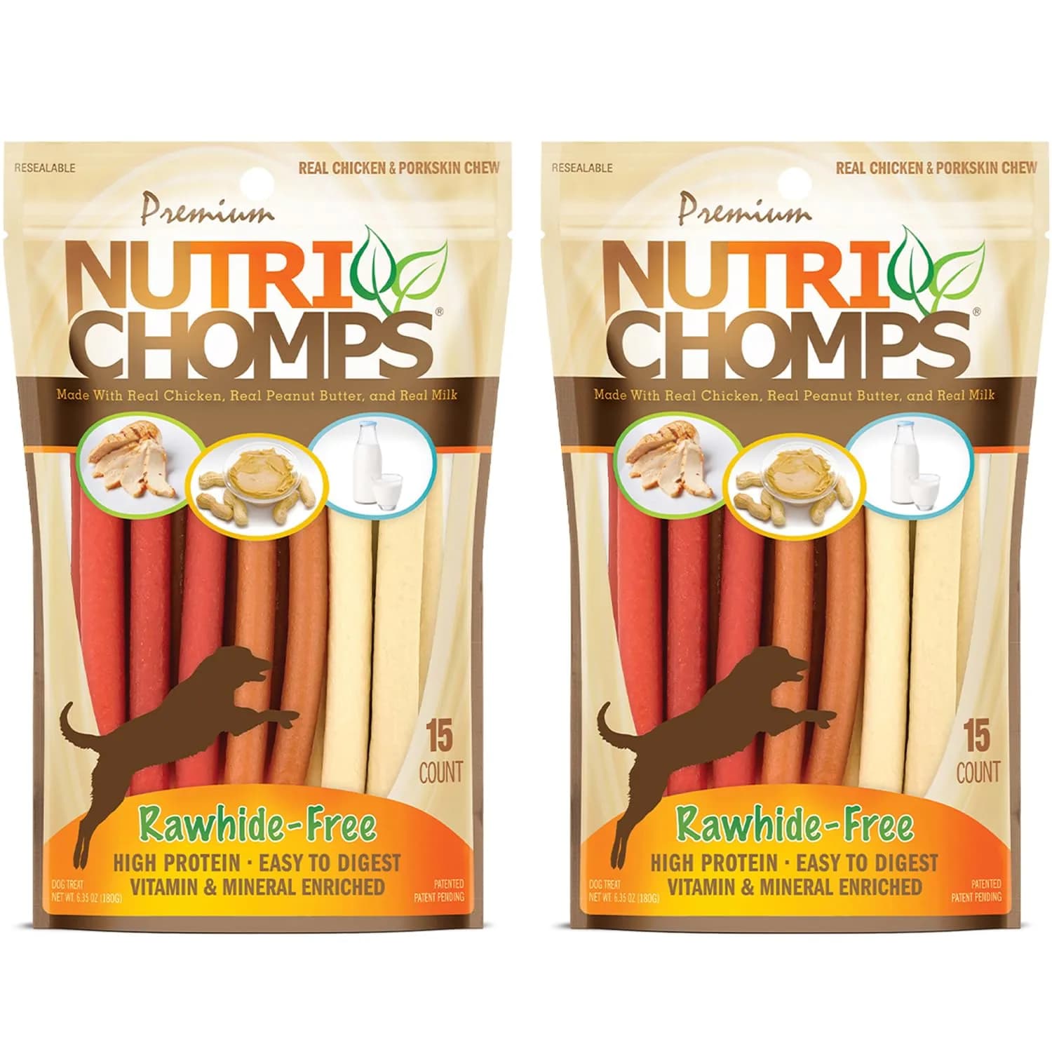 Nutri Chomps Rawhide Free Dog Chews, Chicken/PB/Milk, 15ct, 2pk | Digestible, Flavorful & Nutrient-Rich — Brown, Red, Cream